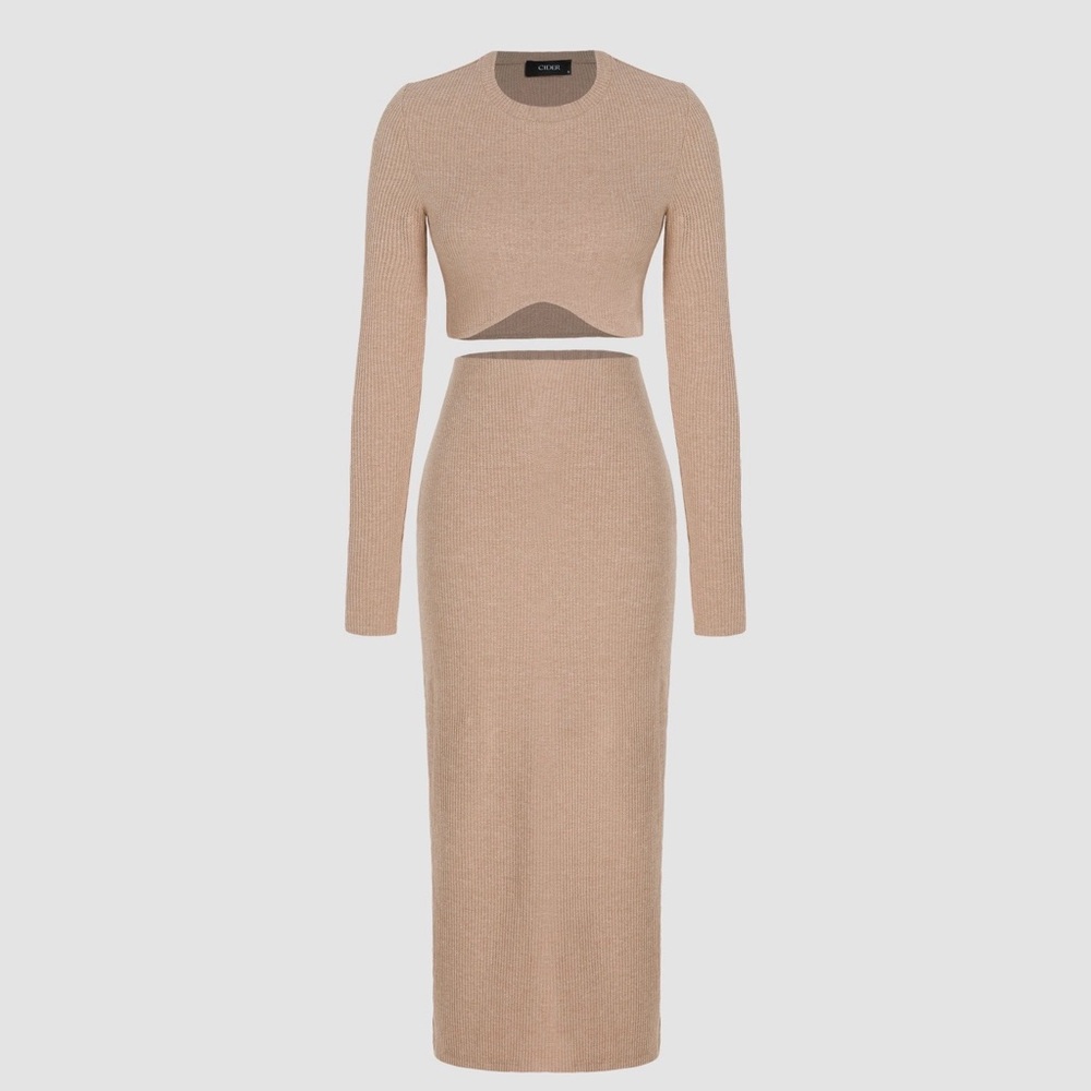 Cider Beige Ribbed Cropped Top and Midi Skirt